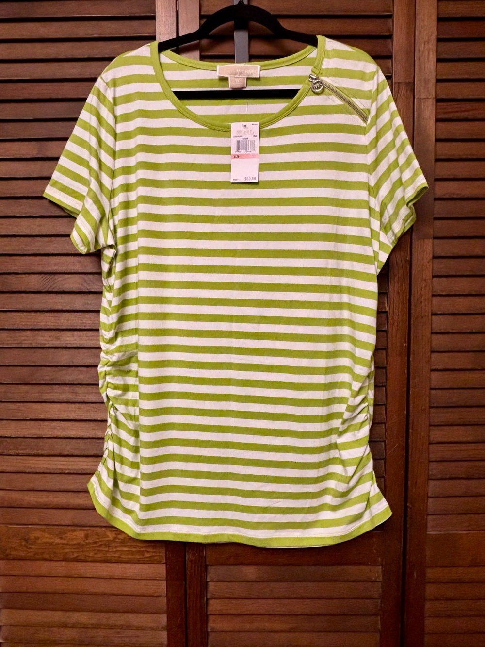 NWT MICHAEL KORS Green and White Striped Short-Sleeve Tee with Zip Detail